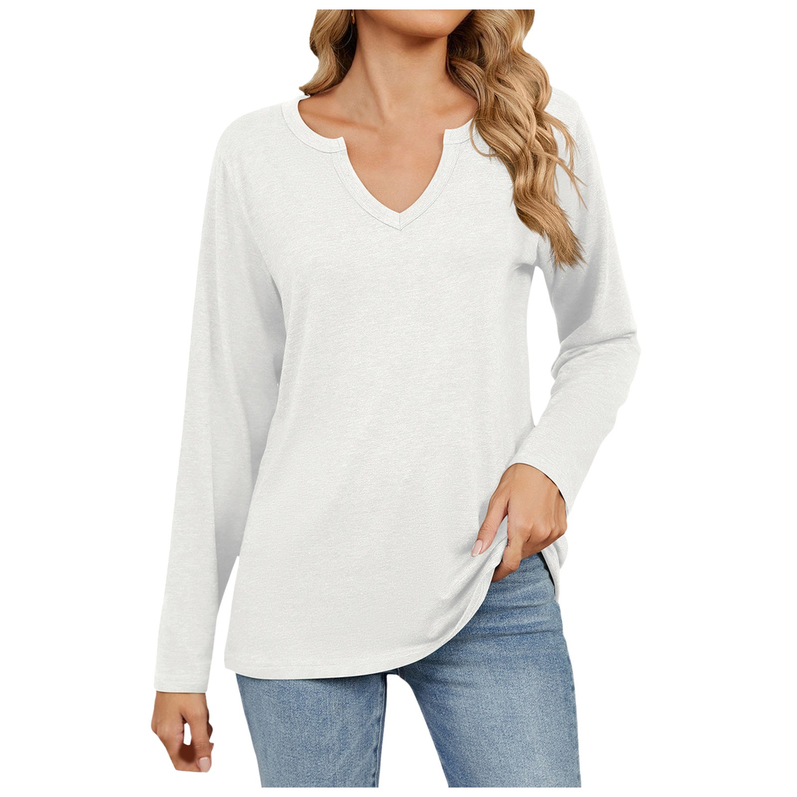 thumbnail image 1 of Blusa informal de manga larga y cuello en V para mujer: top de poliéster de color liso, estilo informal y moderno, tallas S-XXL para llevar a diario en otoño., 1 of 4